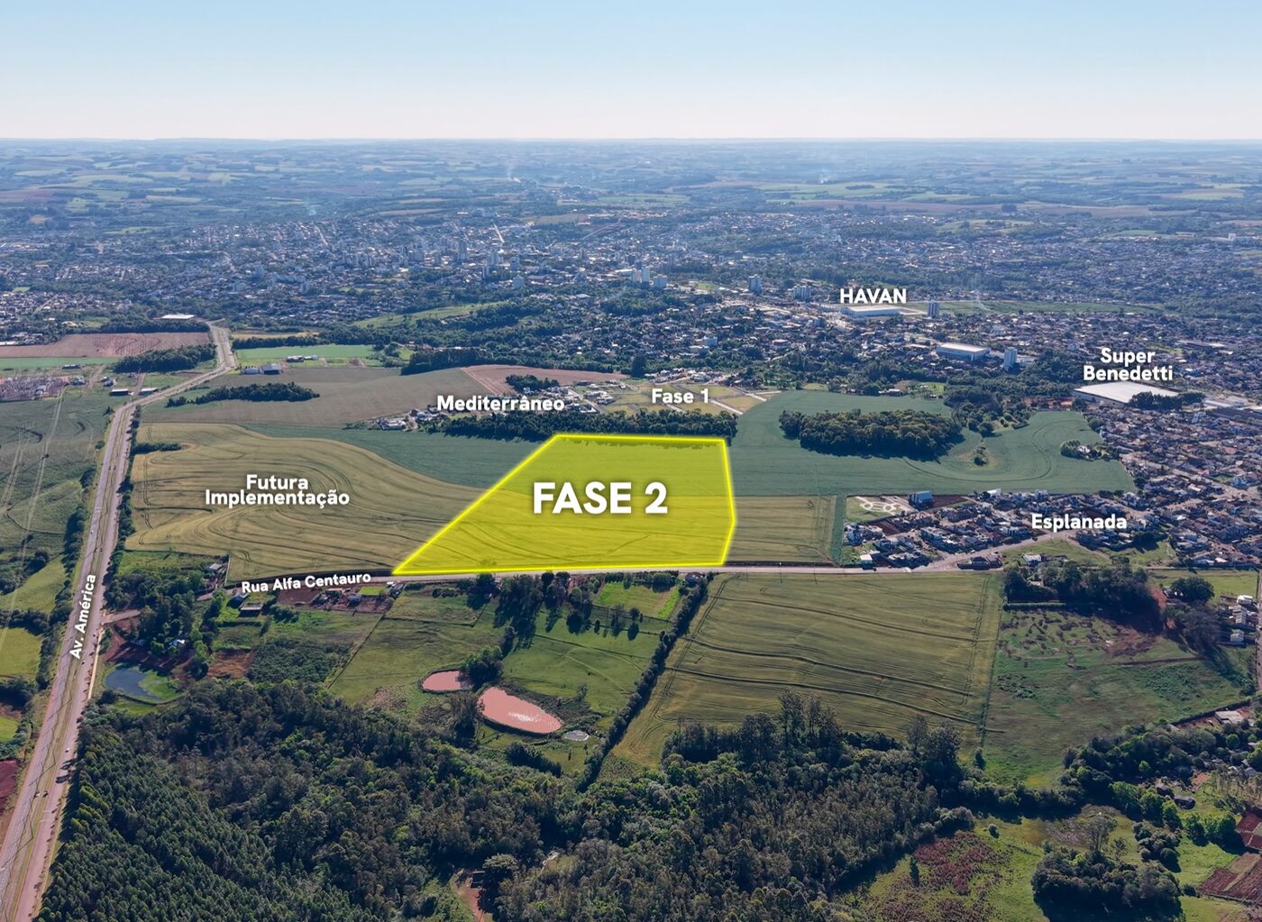 Vista aérea de Santa Rosa com a área da fase 2 do Ares Bairro Parque destacada, entre o Mediterrâneo, a Esplanada, a Av. América e a Rua Alfa Centauro